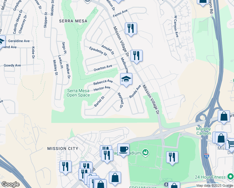 map of restaurants, bars, coffee shops, grocery stores, and more near 2597 Melbourne Drive in San Diego