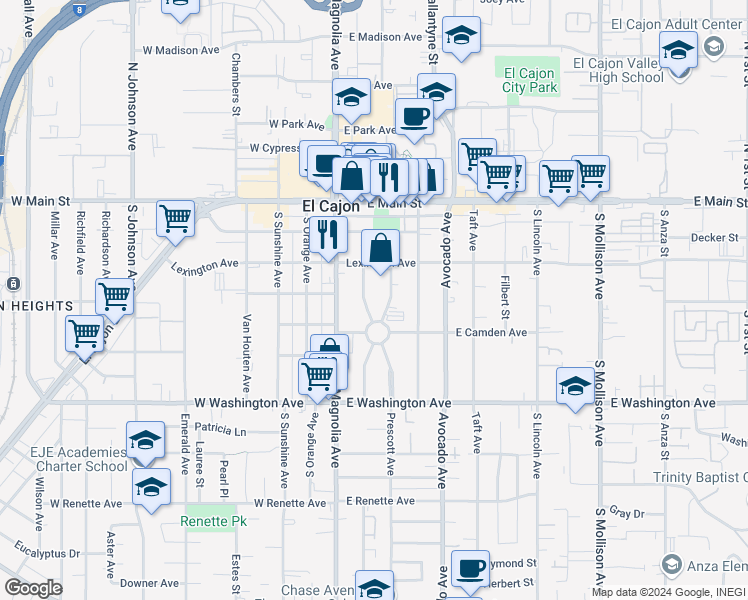 map of restaurants, bars, coffee shops, grocery stores, and more near 444 Prescott Avenue in El Cajon