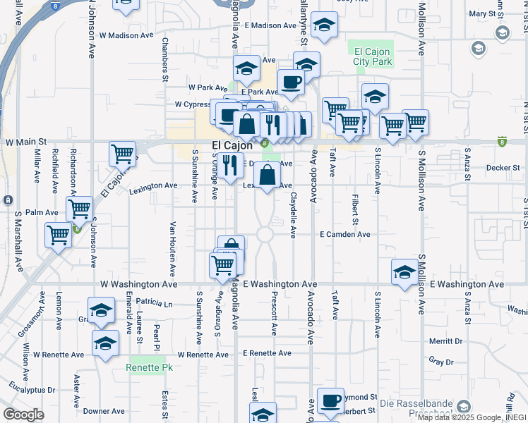 map of restaurants, bars, coffee shops, grocery stores, and more near 444 Prescott Avenue in El Cajon