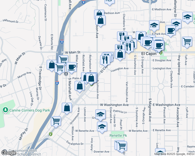 map of restaurants, bars, coffee shops, grocery stores, and more near 398 El Cajon Boulevard in El Cajon
