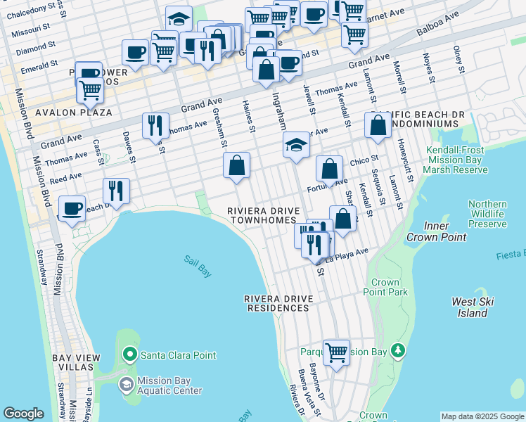 map of restaurants, bars, coffee shops, grocery stores, and more near 3982 Riviera Drive in San Diego
