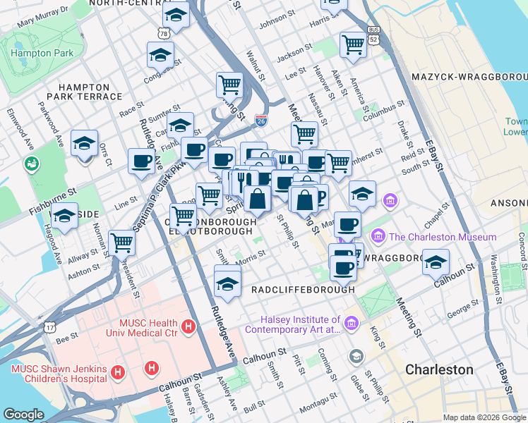 map of restaurants, bars, coffee shops, grocery stores, and more near 15 Brewster Court in Charleston