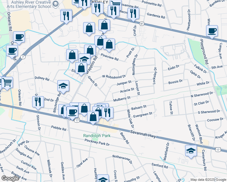 map of restaurants, bars, coffee shops, grocery stores, and more near 1631 Juniper Street in Charleston