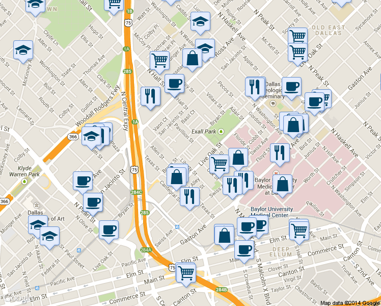 map of restaurants, bars, coffee shops, grocery stores, and more near 3030 Bryan Street in Dallas
