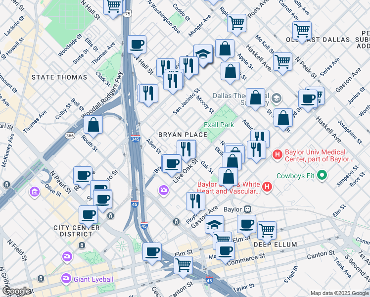 map of restaurants, bars, coffee shops, grocery stores, and more near 3030 Bryan Street in Dallas