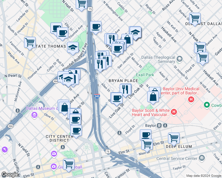 map of restaurants, bars, coffee shops, grocery stores, and more near 906 Allen Street in Dallas