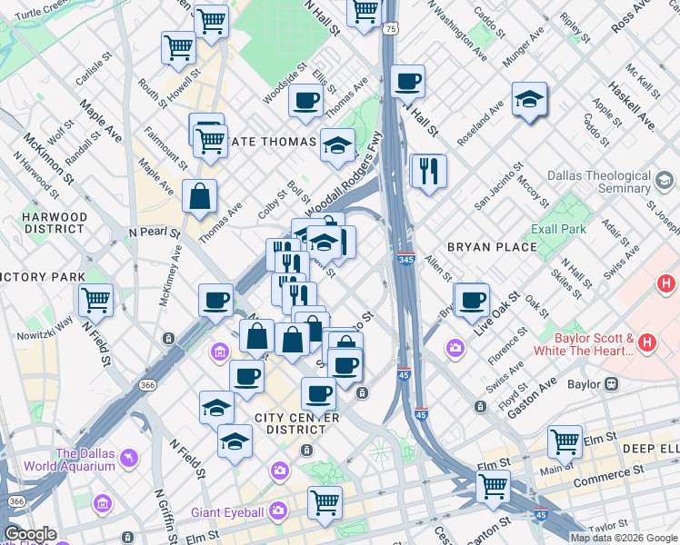 map of restaurants, bars, coffee shops, grocery stores, and more near 2611 Ross Avenue in Dallas