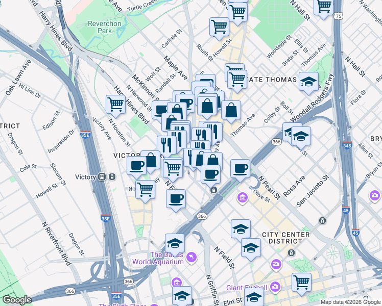 map of restaurants, bars, coffee shops, grocery stores, and more near 2017 Cedar Springs Road in Dallas