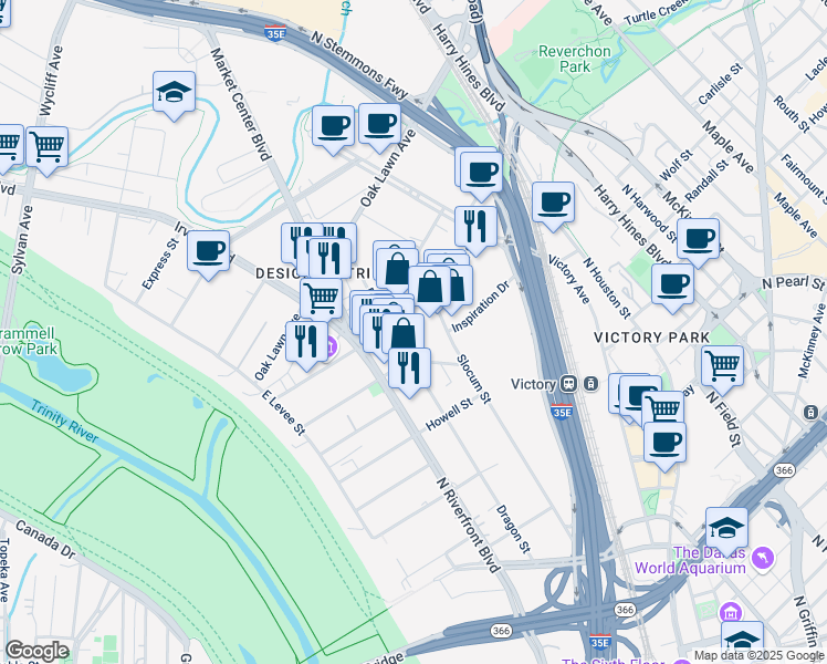 map of restaurants, bars, coffee shops, grocery stores, and more near 1430 Dragon Street in Dallas