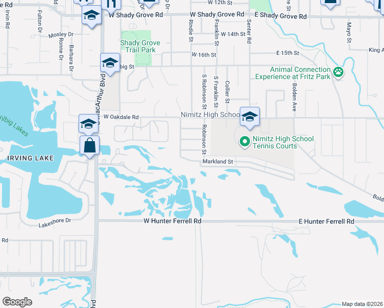 map of restaurants, bars, coffee shops, grocery stores, and more near 504 Erikson Trail in Irving