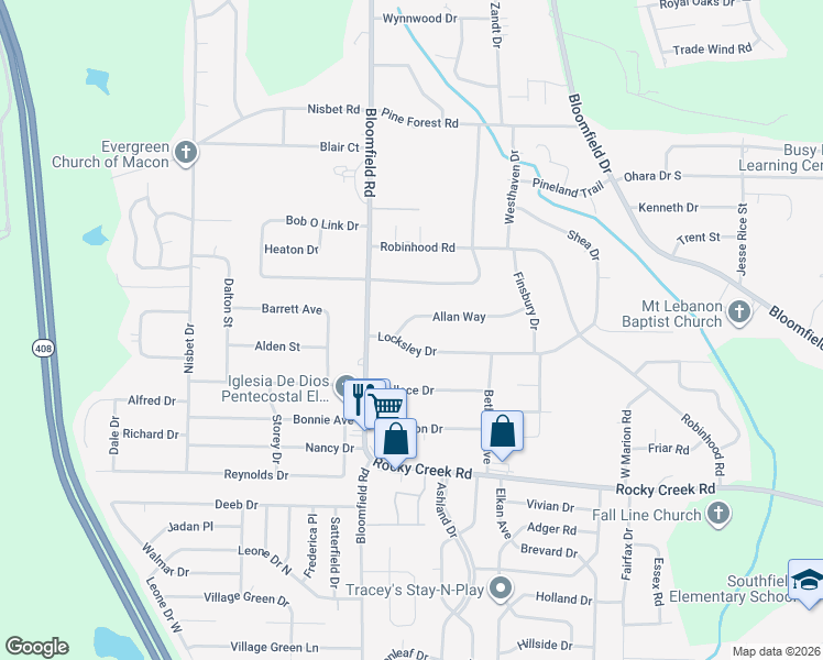 map of restaurants, bars, coffee shops, grocery stores, and more near 2570 Allan Way in Macon