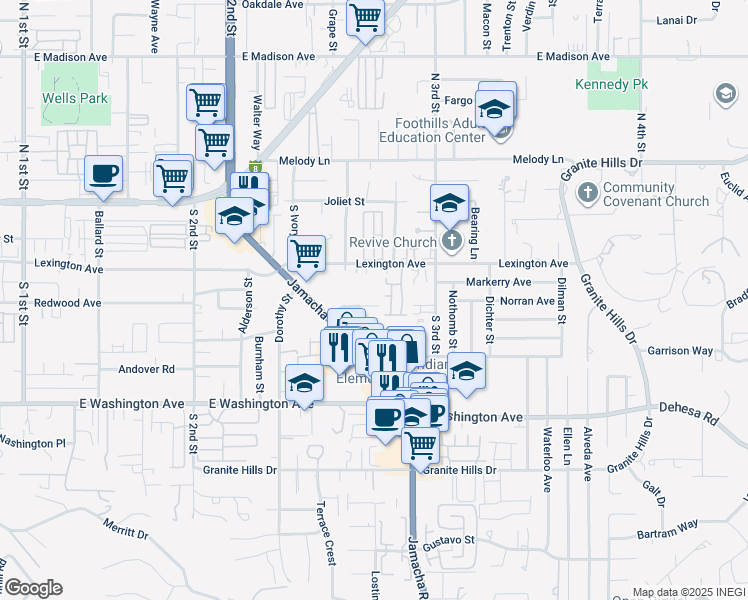 map of restaurants, bars, coffee shops, grocery stores, and more near 1444 Sunnyland Avenue in El Cajon