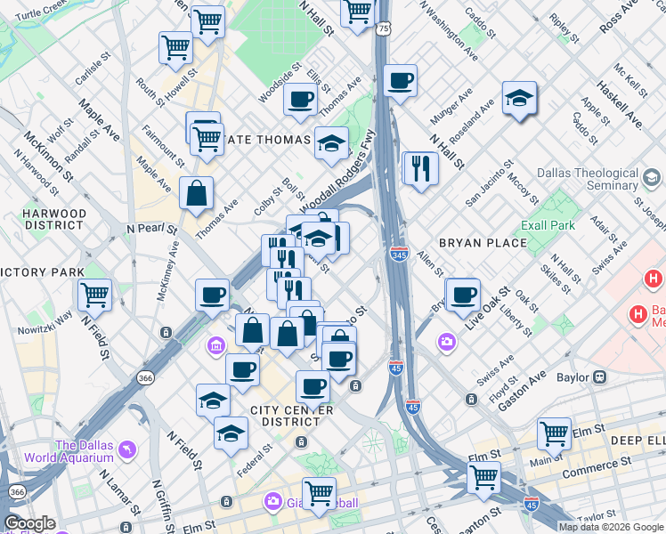 map of restaurants, bars, coffee shops, grocery stores, and more near 1722 Routh Street in Dallas