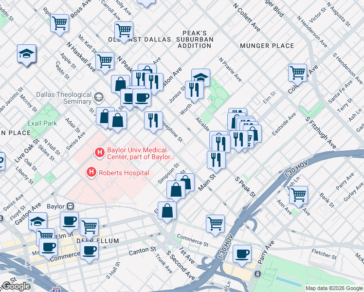 map of restaurants, bars, coffee shops, grocery stores, and more near 403 Josephine Street in Dallas