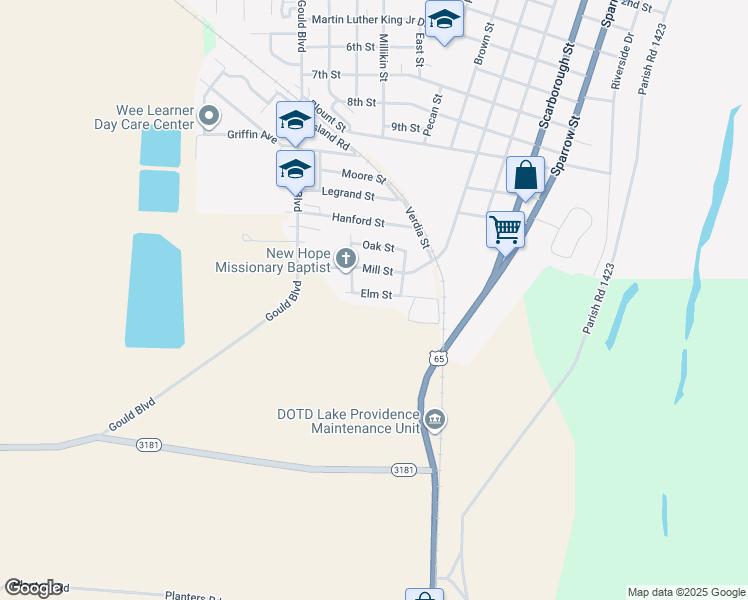 map of restaurants, bars, coffee shops, grocery stores, and more near 100 Elm Street in Lake Providence