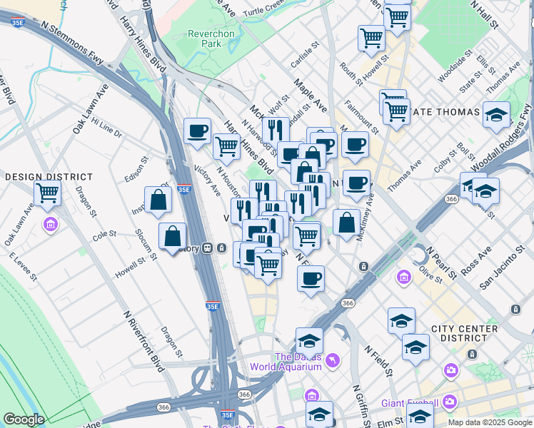map of restaurants, bars, coffee shops, grocery stores, and more near in Dallas