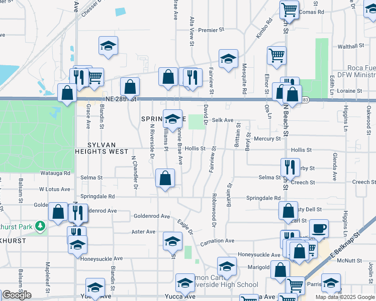 map of restaurants, bars, coffee shops, grocery stores, and more near 2141 Barbell Lane in Fort Worth
