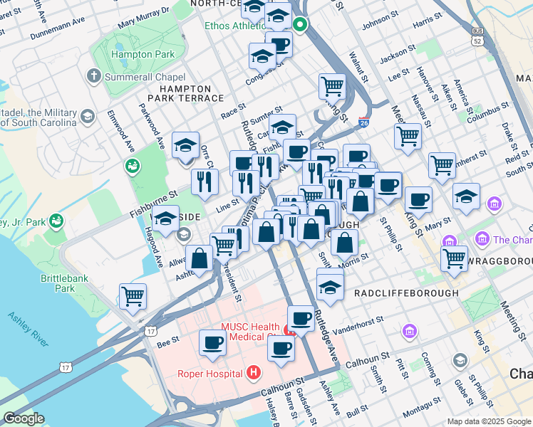 map of restaurants, bars, coffee shops, grocery stores, and more near 92 Bogard Street in Charleston
