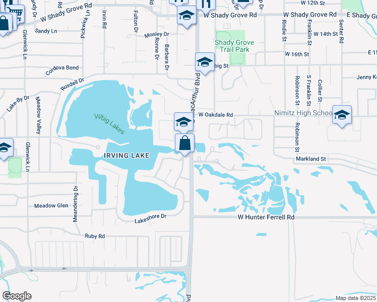 map of restaurants, bars, coffee shops, grocery stores, and more near 1101 Garden Isle Drive in Irving