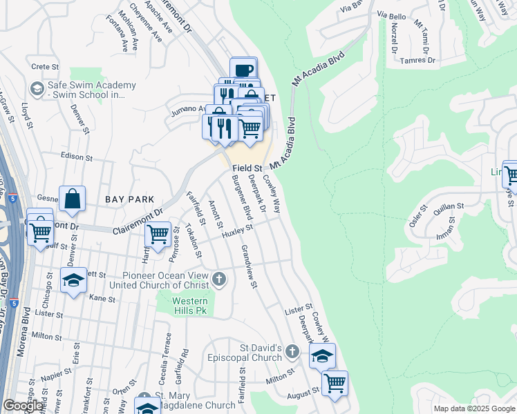 map of restaurants, bars, coffee shops, grocery stores, and more near 2736 Deerpark Drive in San Diego