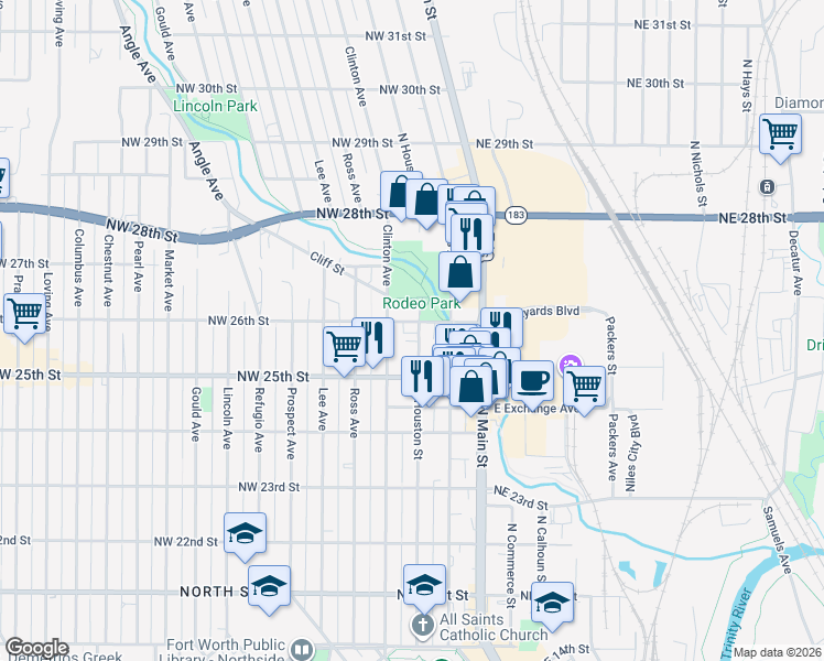 map of restaurants, bars, coffee shops, grocery stores, and more near 2521 North Houston Street in Fort Worth