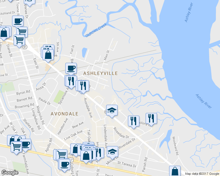 map of restaurants, bars, coffee shops, grocery stores, and more near 811 Burger Street in Charleston