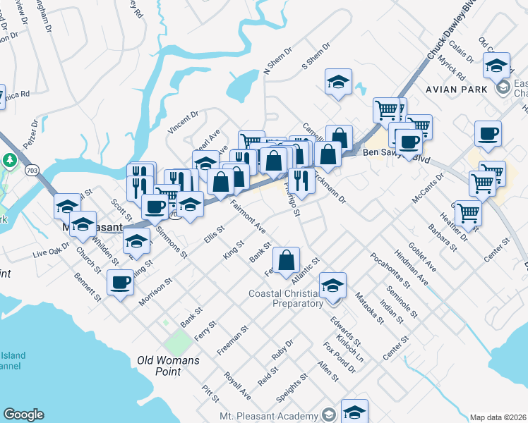 map of restaurants, bars, coffee shops, grocery stores, and more near 1240 Fairmont Avenue in Mount Pleasant