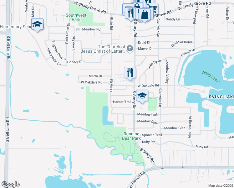 map of restaurants, bars, coffee shops, grocery stores, and more near 2513 Willow Ln in Irving