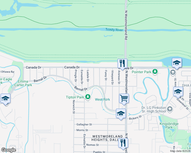 map of restaurants, bars, coffee shops, grocery stores, and more near 4102 Shadrack Drive in Dallas