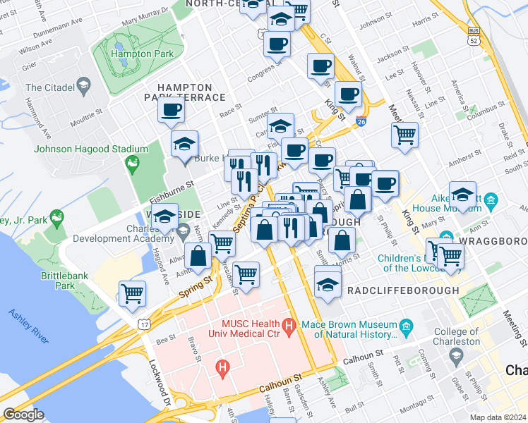 map of restaurants, bars, coffee shops, grocery stores, and more near 94 Bogard Street in Charleston
