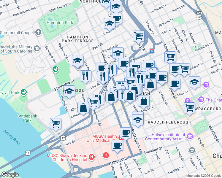 map of restaurants, bars, coffee shops, grocery stores, and more near 4 Catfiddle Street in Charleston