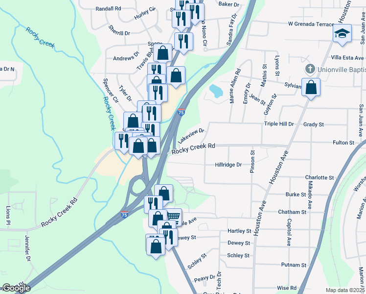 map of restaurants, bars, coffee shops, grocery stores, and more near 1348 Lakeview Drive in Macon