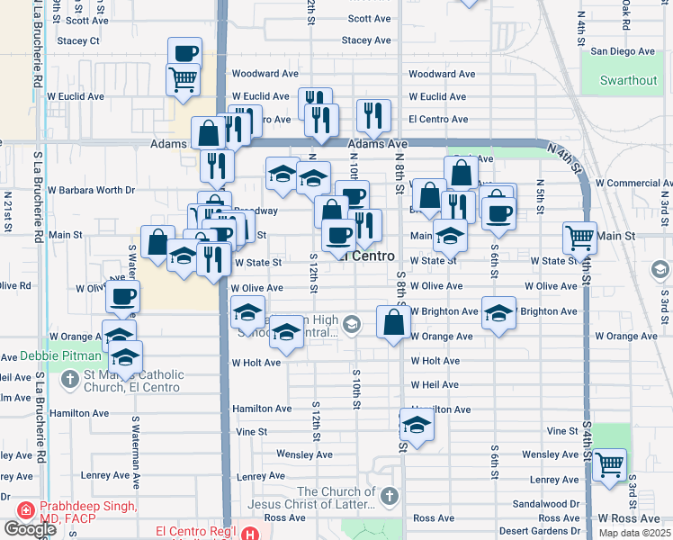 map of restaurants, bars, coffee shops, grocery stores, and more near 1041 W State St in El Centro