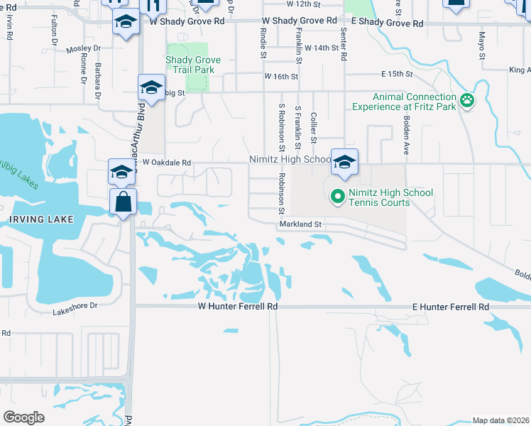 map of restaurants, bars, coffee shops, grocery stores, and more near 504 Erikson Trail in Irving