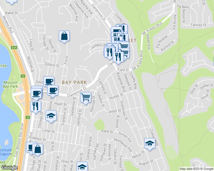 map of restaurants, bars, coffee shops, grocery stores, and more near 2832 Arnott Street in San Diego
