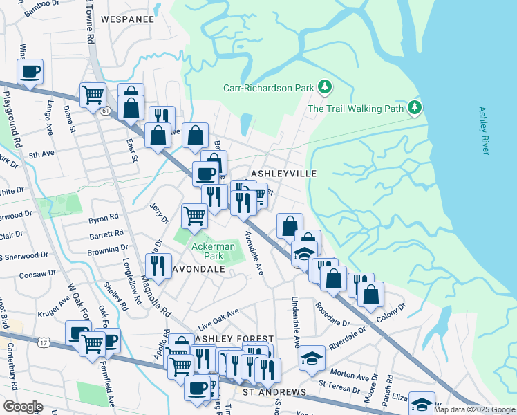 map of restaurants, bars, coffee shops, grocery stores, and more near 849 Tripe Street in Charleston
