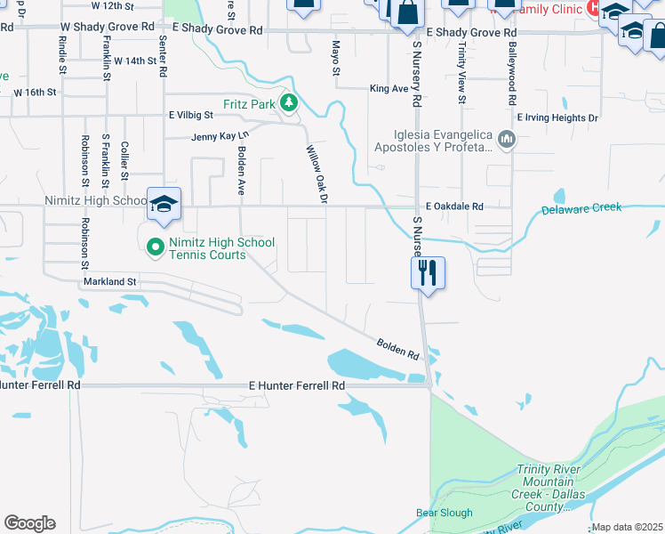 map of restaurants, bars, coffee shops, grocery stores, and more near 2210 Willow Oak Drive in Irving