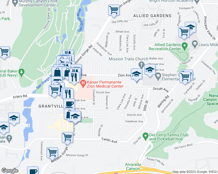 map of restaurants, bars, coffee shops, grocery stores, and more near 6525 Seaman Street in San Diego