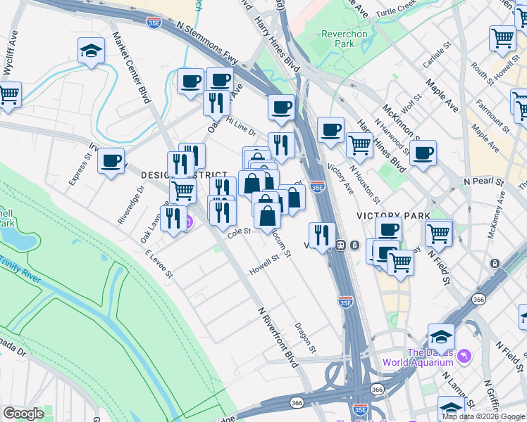 map of restaurants, bars, coffee shops, grocery stores, and more near 1431 Inspiration Dr in Dallas