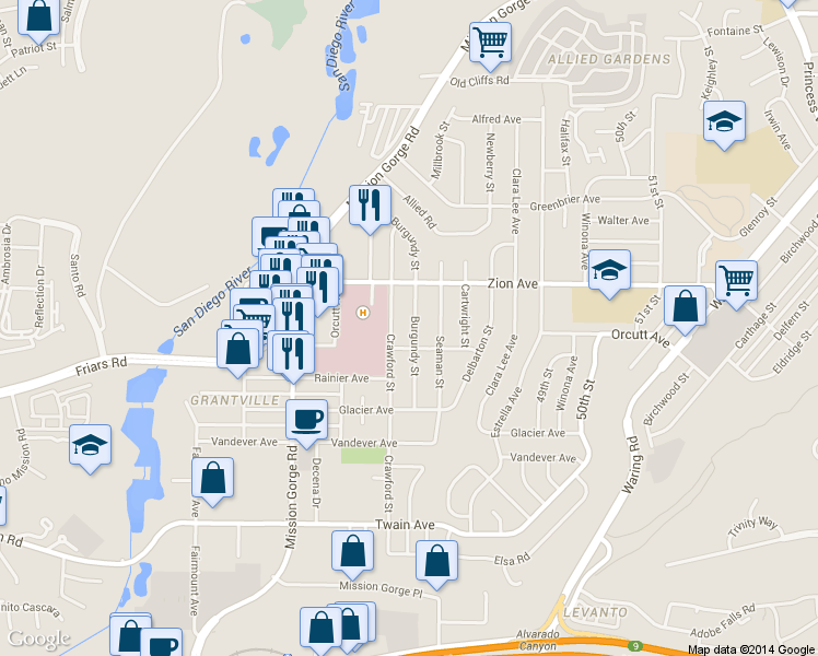 map of restaurants, bars, coffee shops, grocery stores, and more near 6526 Burgundy Street in San Diego