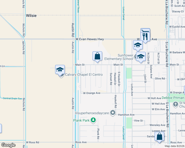 map of restaurants, bars, coffee shops, grocery stores, and more near 203 Santa Rosa Road in El Centro