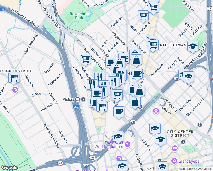 map of restaurants, bars, coffee shops, grocery stores, and more near 1700 Payne Street in Dallas