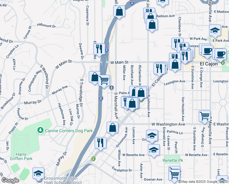 map of restaurants, bars, coffee shops, grocery stores, and more near 352 South Marshall Avenue in El Cajon