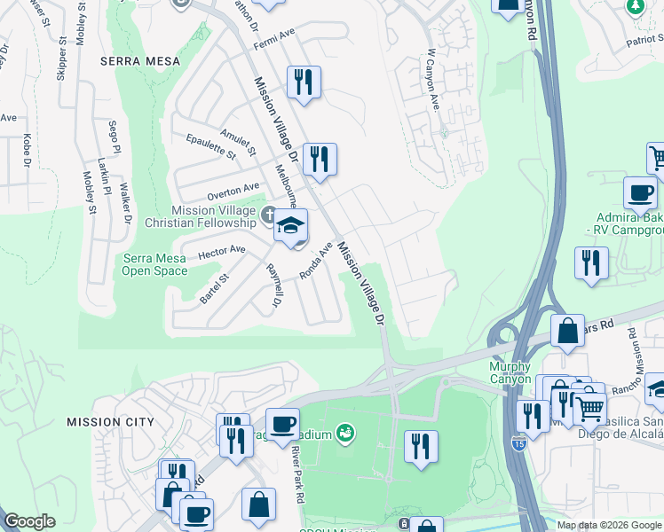 map of restaurants, bars, coffee shops, grocery stores, and more near 2581 Mammoth Dr in San Diego