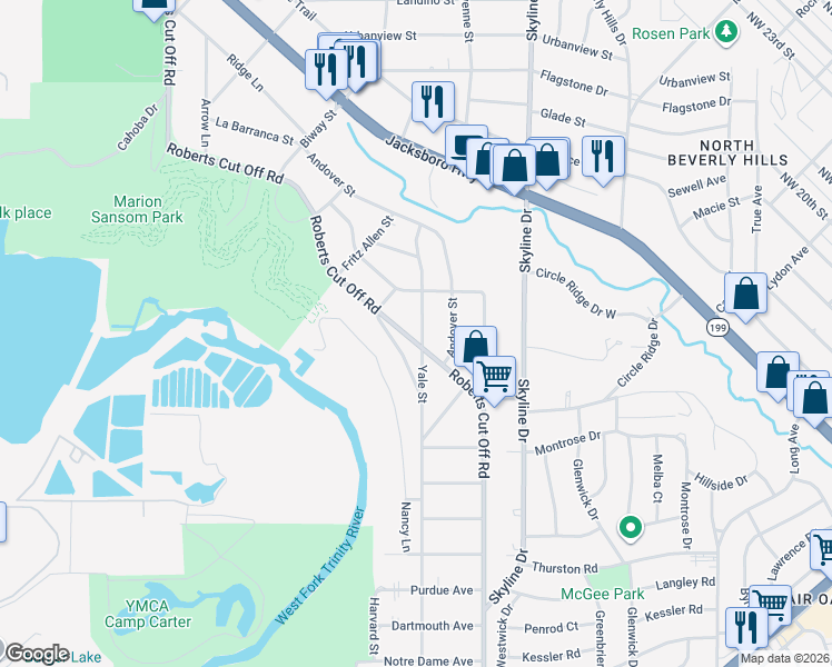 map of restaurants, bars, coffee shops, grocery stores, and more near 2200 Roberts Cut Off Road in Fort Worth