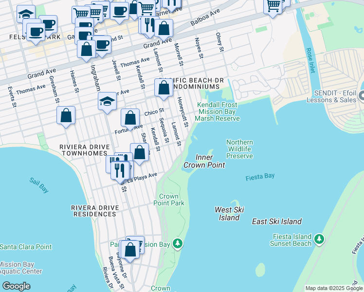 map of restaurants, bars, coffee shops, grocery stores, and more near 3833 Lamont Street in San Diego