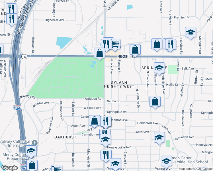 map of restaurants, bars, coffee shops, grocery stores, and more near 2144 North Sylvania Avenue in Fort Worth