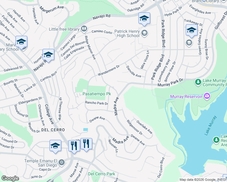 map of restaurants, bars, coffee shops, grocery stores, and more near 6346 Ridge Manor Avenue in San Diego
