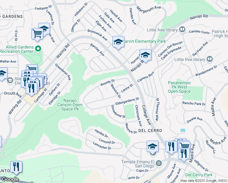 map of restaurants, bars, coffee shops, grocery stores, and more near 6330 Wenrich Drive in San Diego