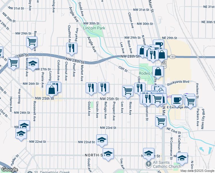 map of restaurants, bars, coffee shops, grocery stores, and more near 2520 Refugio Avenue in Fort Worth